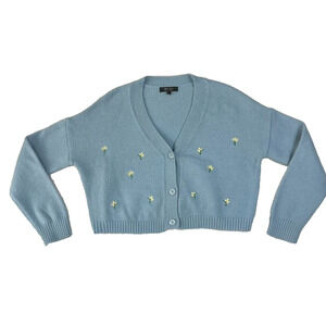 Witty Fox Cardigan Sweater L Blue Ditzy Yellow Flowers Boxy Drop Shoulder
